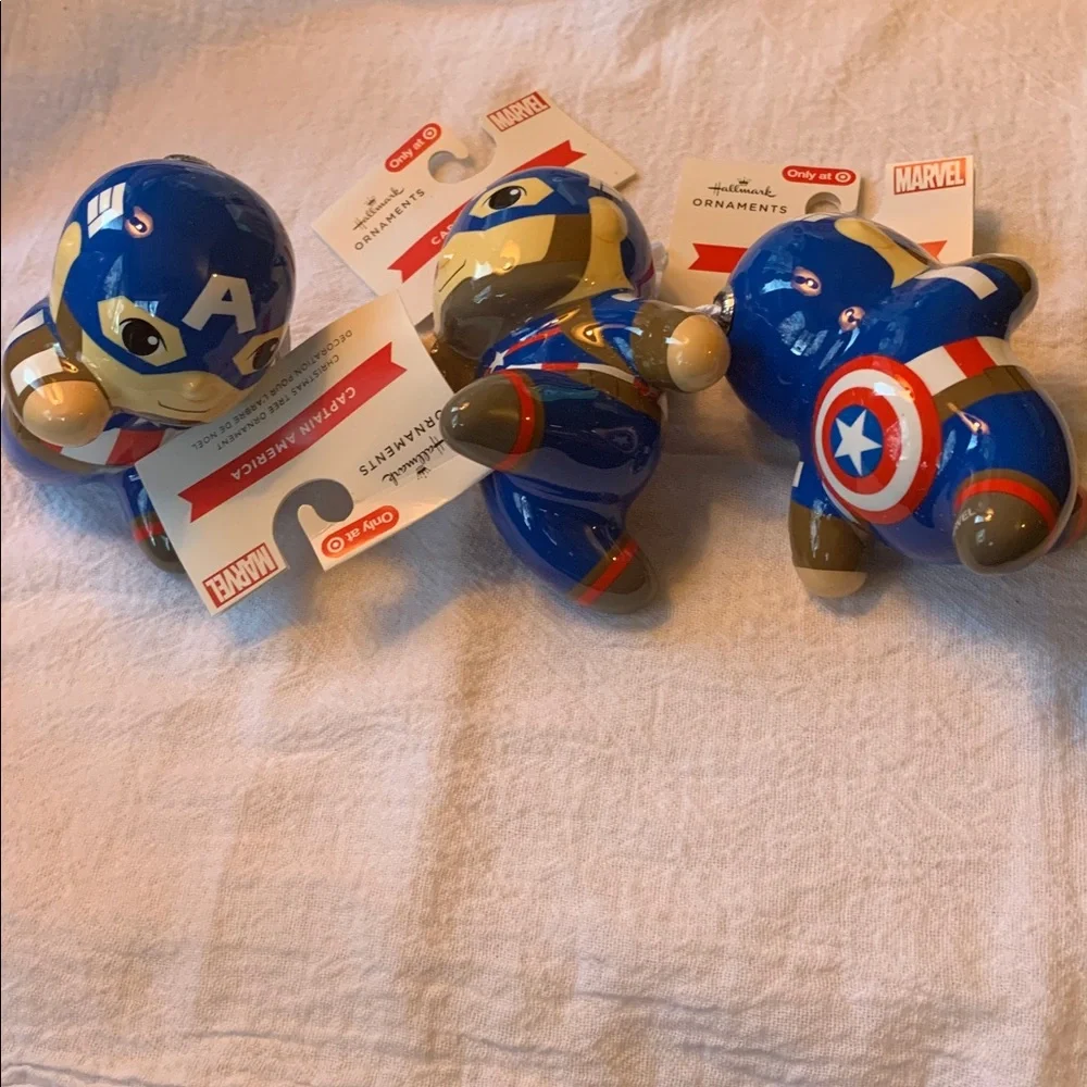 Marvel Captain America Hallmark Christmas Ornament triplets Blue Red & White NEW